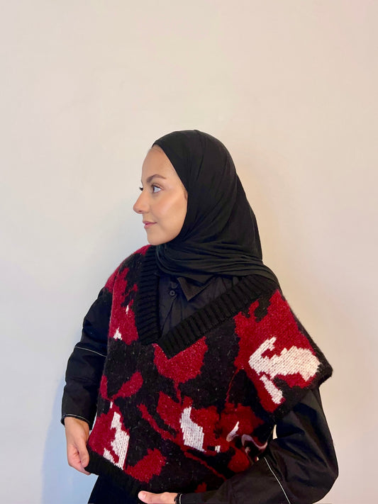 Pull sans manches oversize en maille - Motif abstrait rouge & noir