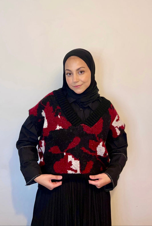 Pull sans manches oversize en maille - Motif abstrait rouge & noir
